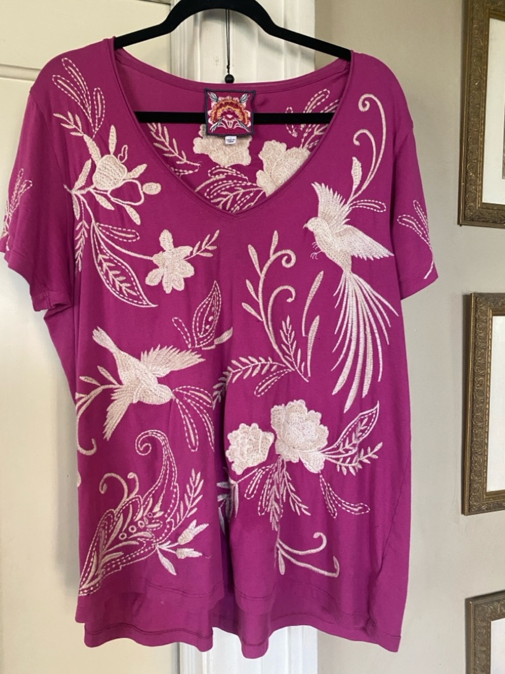 Johnny Was- 100% cotton  V-Neck Embroidered Floral & Bird Top - Pink